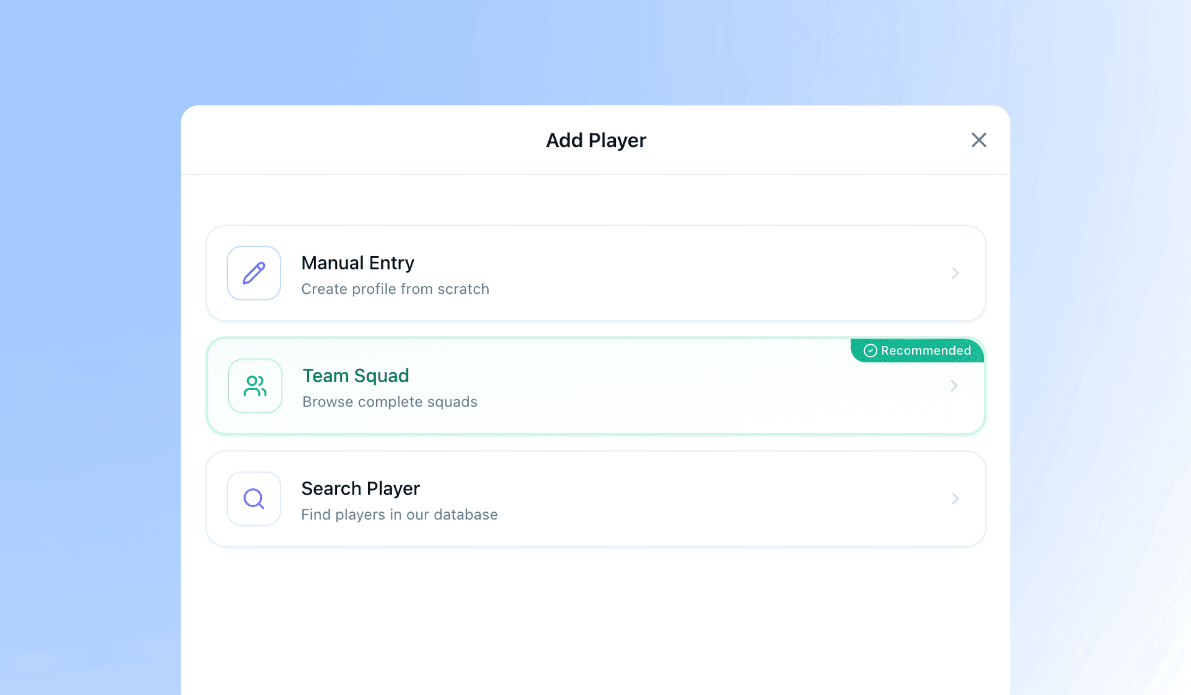 The Add Player dialog — search the database, import from a squad, or enter manually