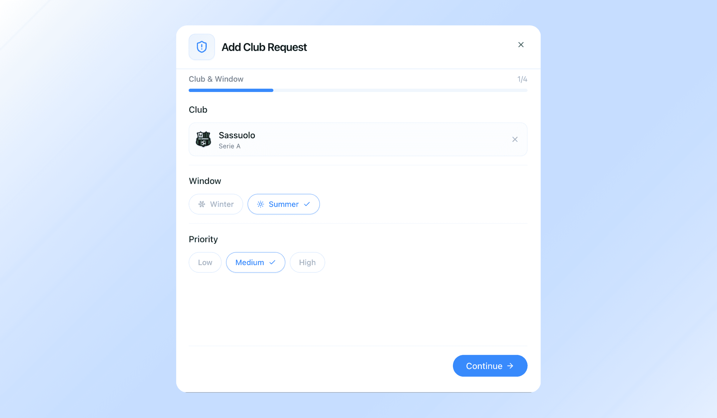 The Add Request form — club and window, the player brief, budgets, then notes