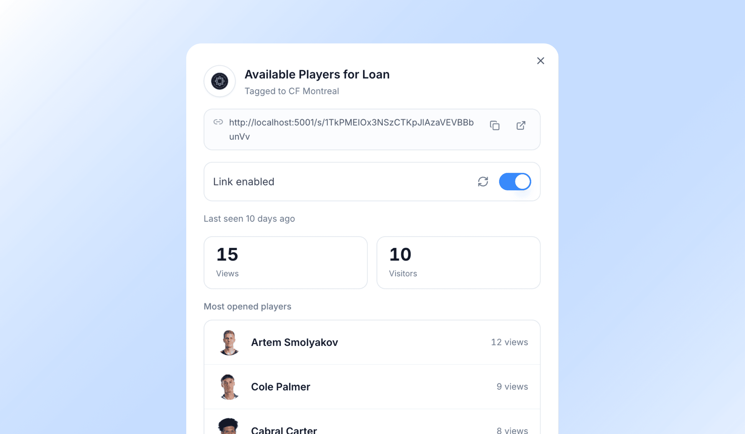 A link's analytics — views, visitors, player opens, and the most-opened ranking