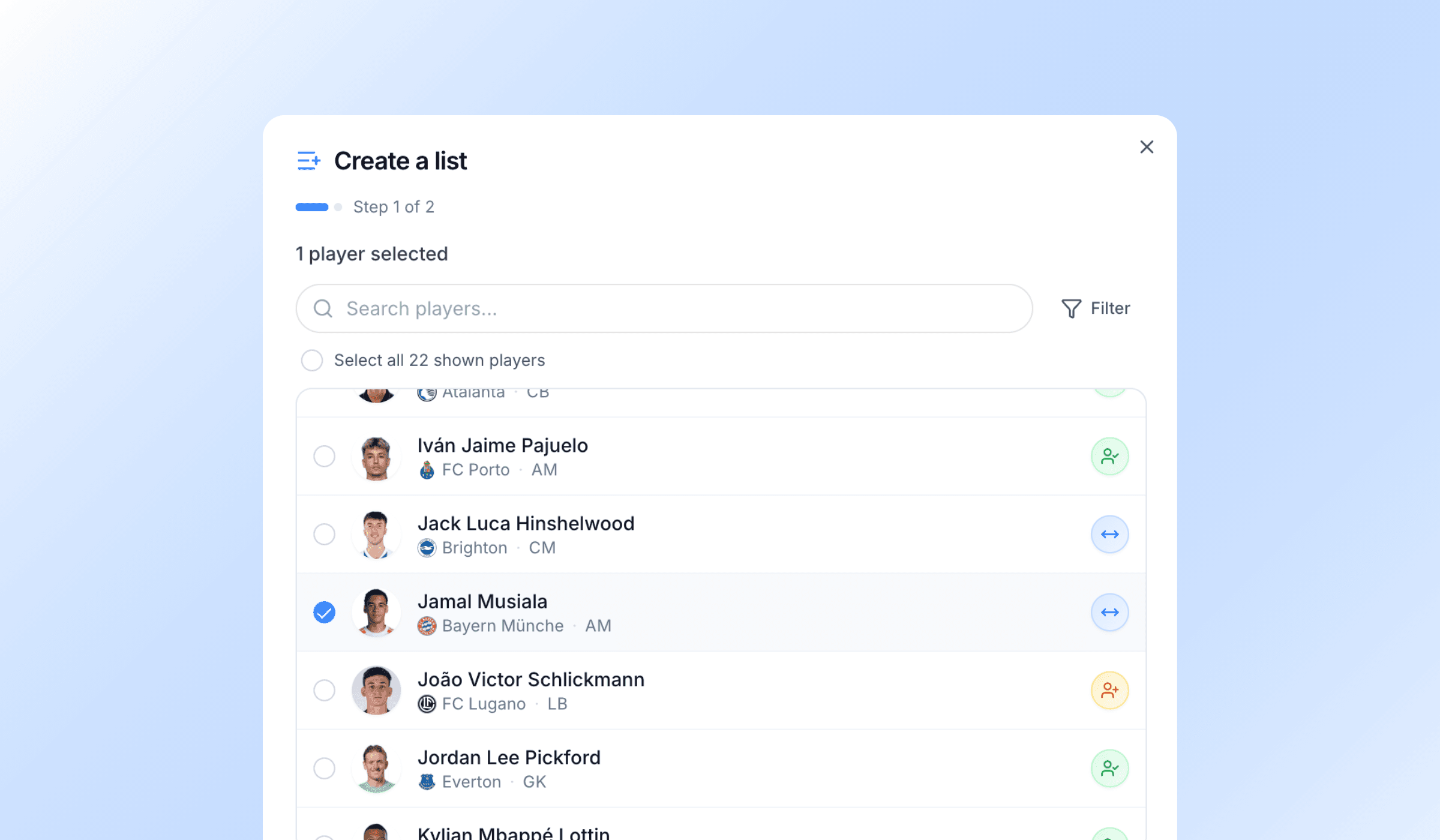 The two-step list builder — selecting players, then ordering the columns