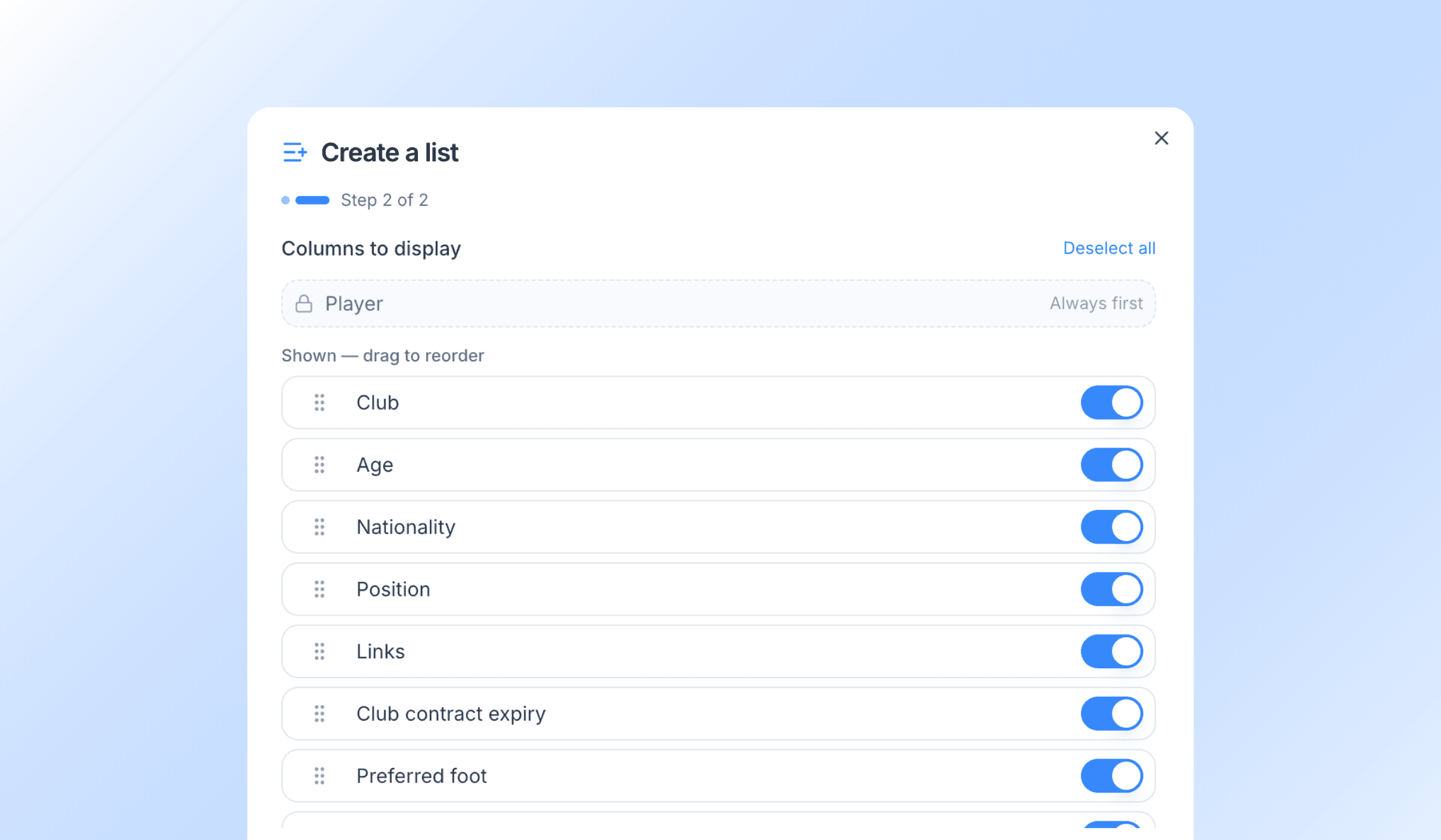 The column picker, with some details switched on and others off