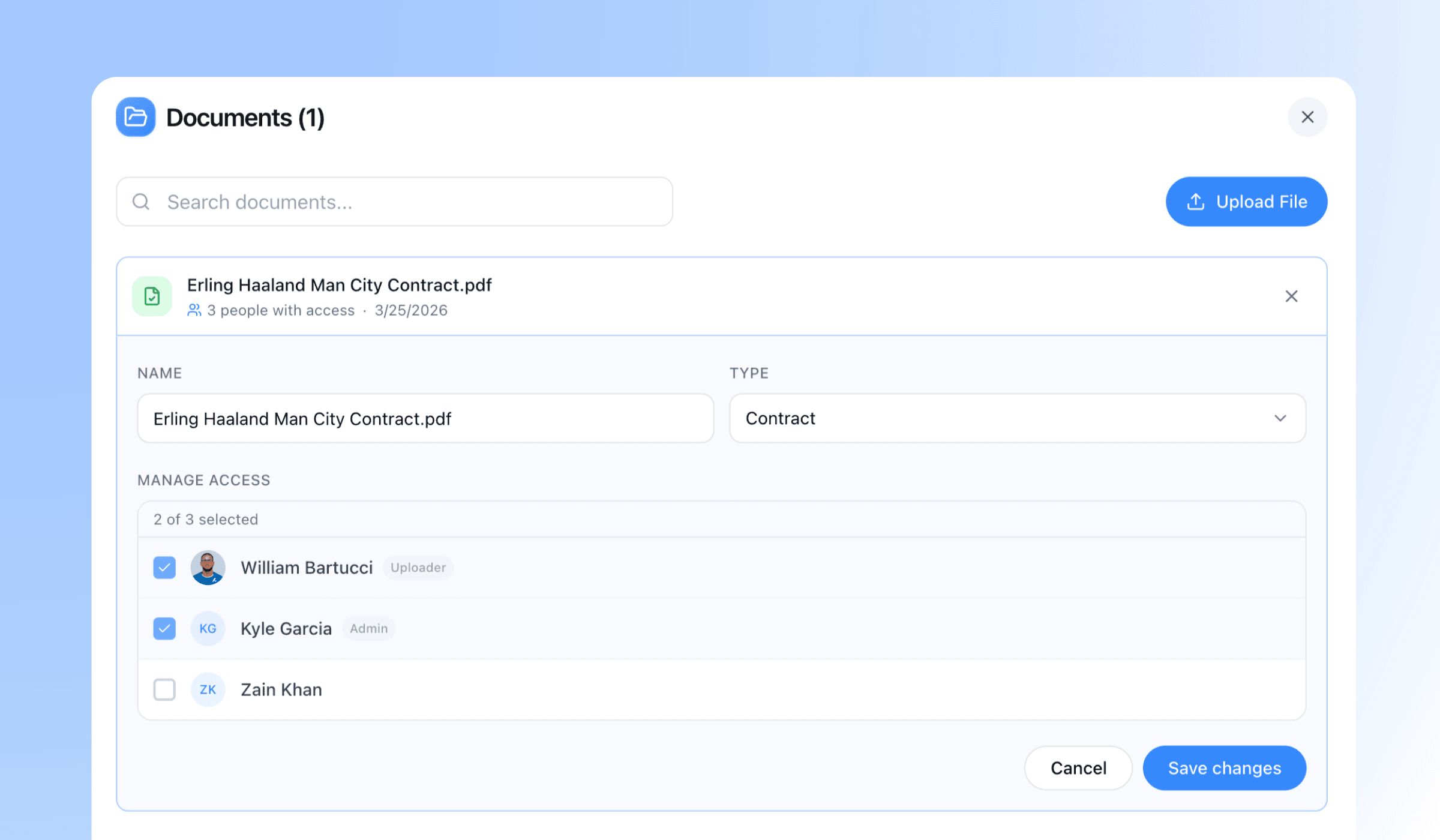 The Documents tab on a player, with files classified by type