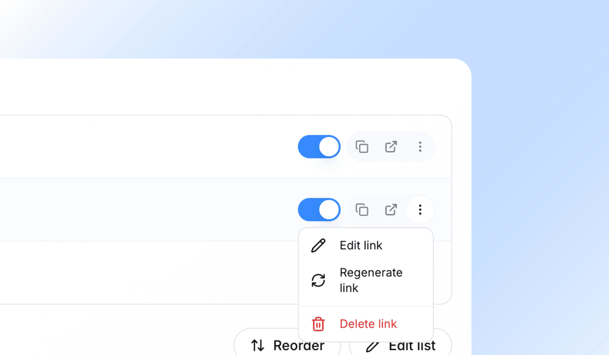 The controls on a single share link — switch off, regenerate, edit, delete