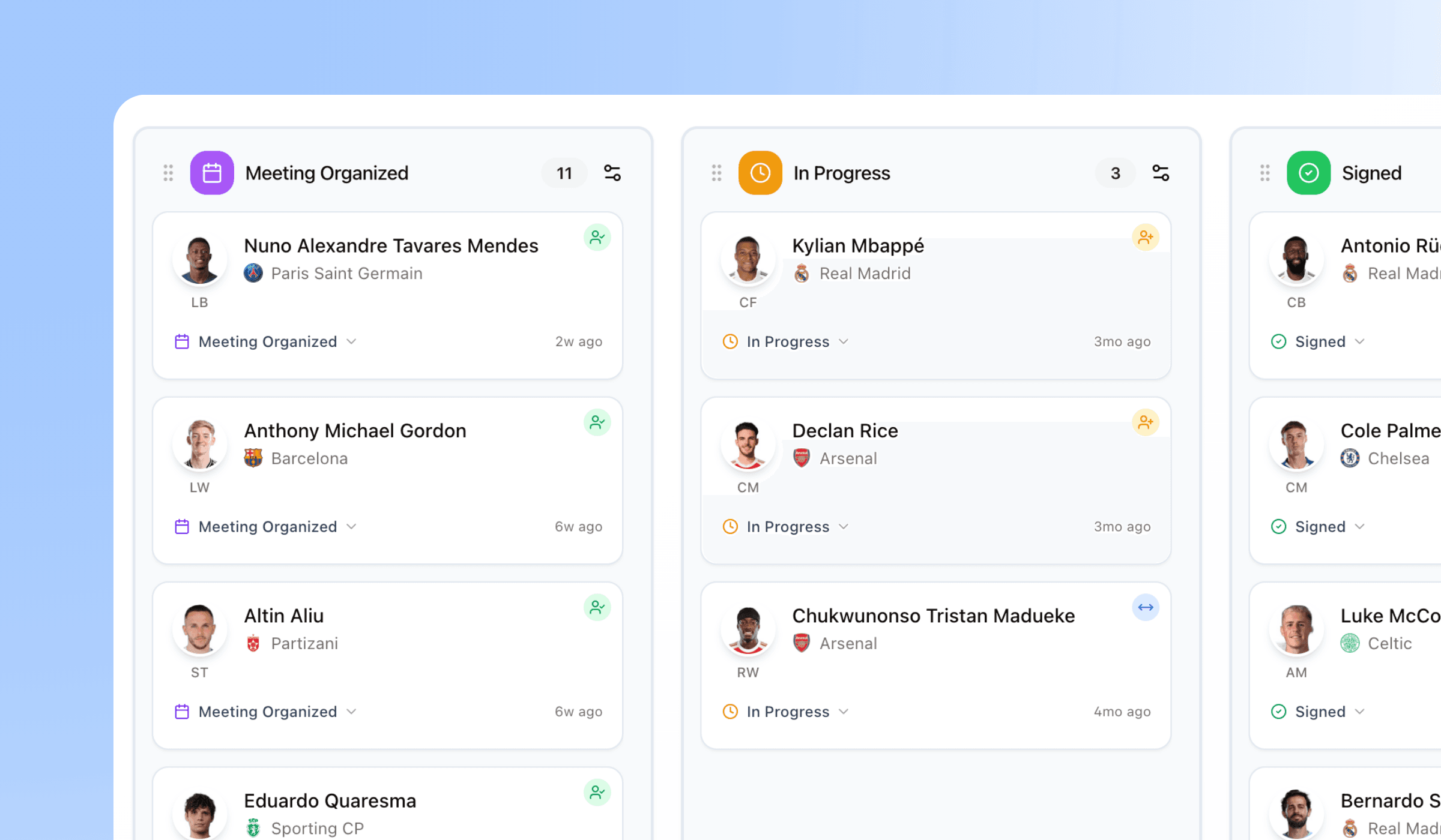 The Stage board — player cards grouped into pipeline columns