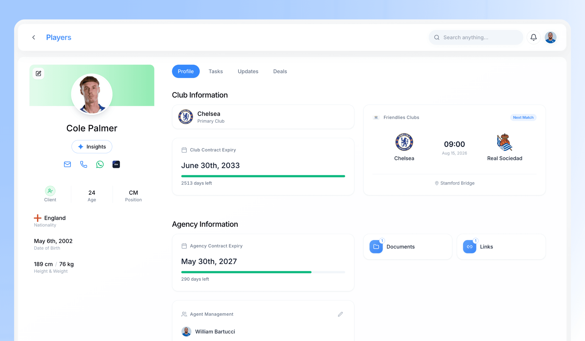 A player profile showing contracts, notes and documents on one record