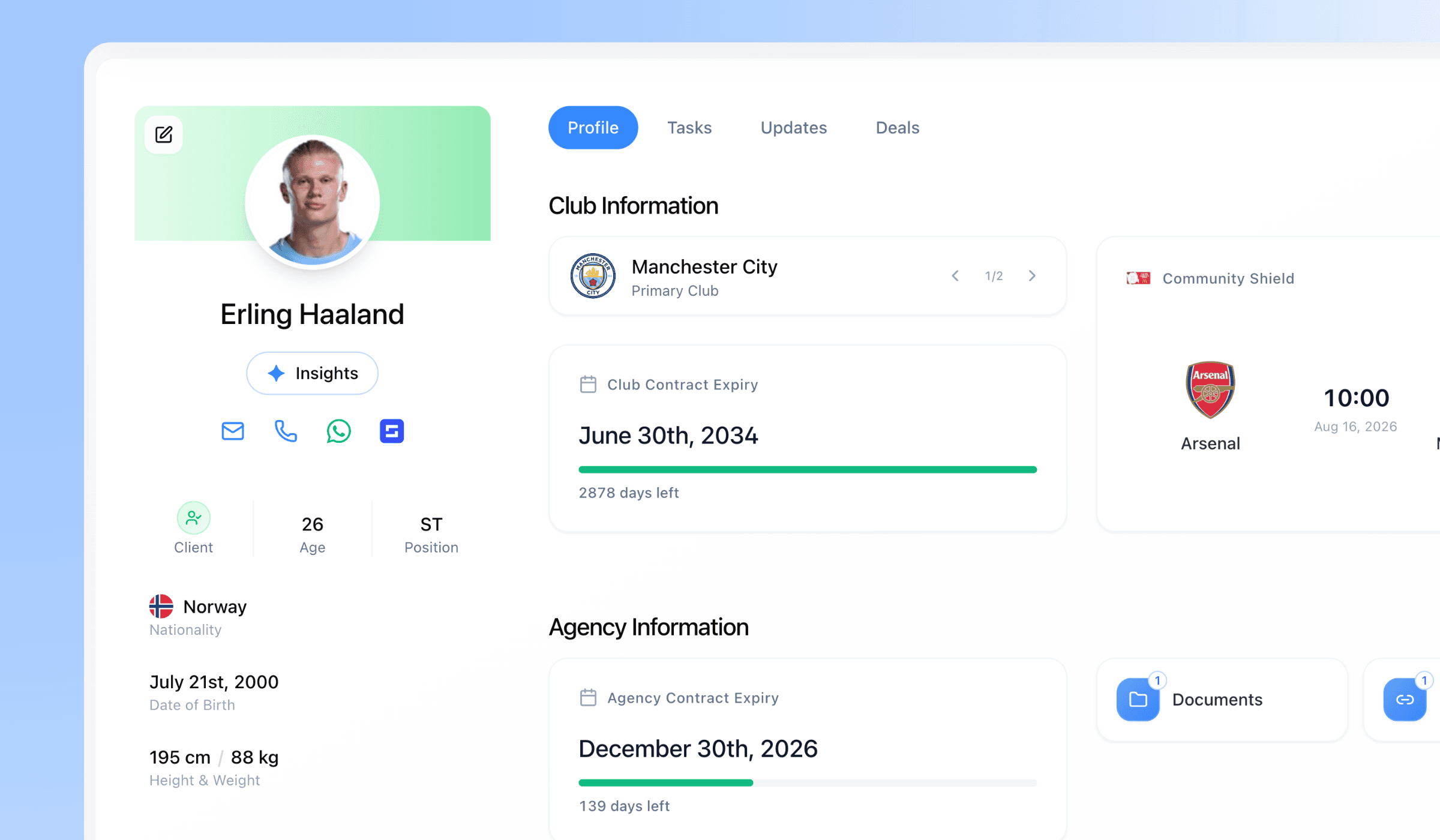 A player profile in ATHLIVO, showing club and agency information side by side
