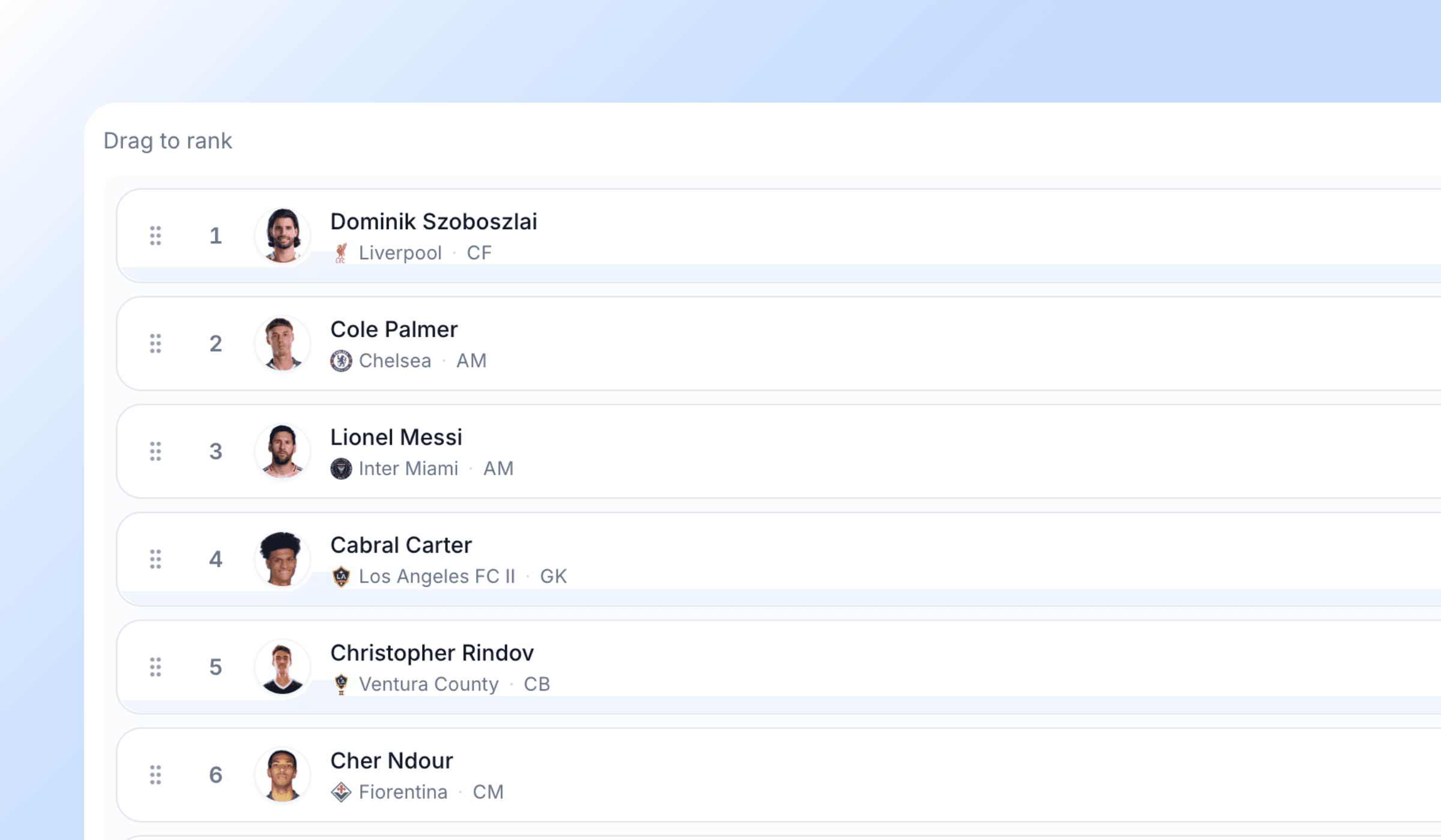 The reorder mode — numbered player rows being dragged into rank order